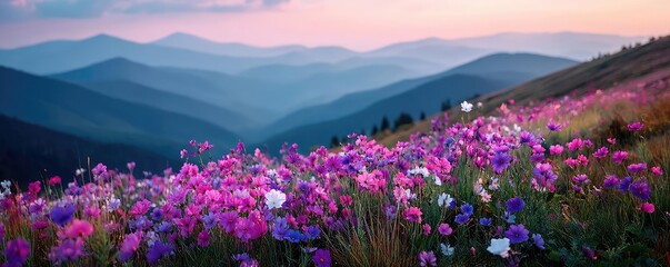 Obraz premium Blooming flowers in meadow through dreamy gardens and paradise concept. Vibrant wildflowers bloom in a scenic mountain landscape at sunset.