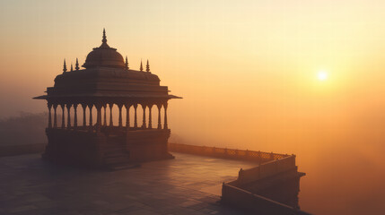 Obraz premium Majestic Vista at Dawn: A stone structure stands silhouetted against a breathtaking sunrise, evoking a sense of serenity and the passage of time. Its architecture embodies timelessness.