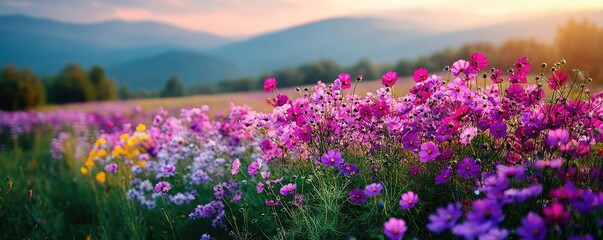 Naklejka premium Blooming flowers in meadow through dreamy gardens and paradise concept. Vibrant wildflowers blooming in a colorful meadow at sunset.