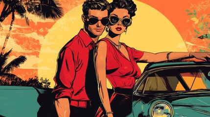 Couple retro style illustration vintage car