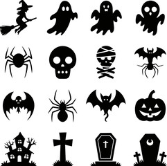 Fototapeta premium A collection of 20 black Halloween silhouette icons on a white background, including witches, ghosts, skulls, bats, spiders, tombstones, a haunted house, and a jack-o'-lantern.