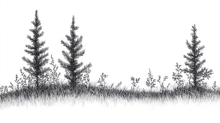 Three pines, grass, landscape, monochrome drawing, nature