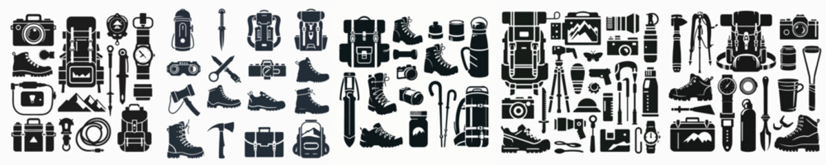 Fototapeta premium Vector set image silhouette of hiking equipment