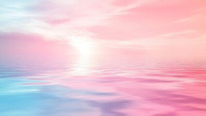Obraz premium Pastel sky reflecting on water. Soft, vibrant hues of pink, peach, and light blue create a serene, dreamy landscape. 