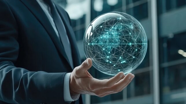 A translucent globe displaying global network in a businessman's hand.