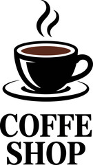 Minimalist coffee cup icon with steam and bold “Coffee Shop” text. Ideal for café logos, coffee branding, or signage design.