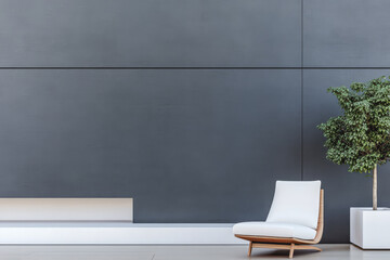 Modern minimalist interior featuring a stylish chair and greenery in a spacious setting