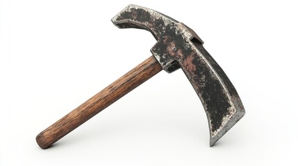 A weathered, rusty, curved-head hand axe with a worn wooden handle, isolated on a white background, suggesting age and extensive use