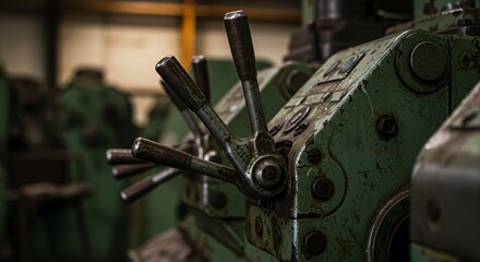 Vintage Industrial Machine Close-up: Rusty Levers and Green Metal