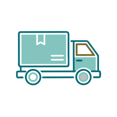 Delivery truck icon in flat design with blue and white colors  