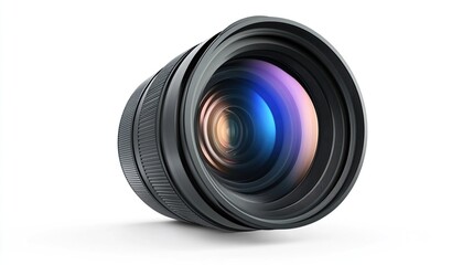 A high-quality, dark-grey camera lens with a wide aperture, showcasing internal lens elements reflecting a purplish-blue light against a white background.  The lens is angled slightly to the left