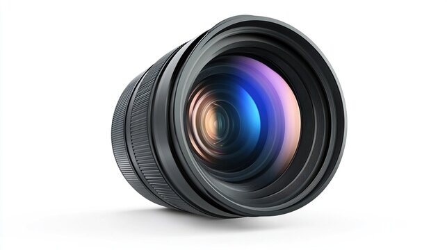 A high-quality, dark-grey camera lens with a wide aperture, showcasing internal lens elements reflecting a purplish-blue light against a white background.  The lens is angled slightly to the left
