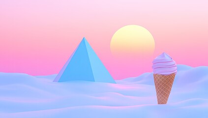Pastel-toned desert landscape with ice cream cone and pyramid. A vibrant pink and purple sunset bathes a snowy, undulating plain. 