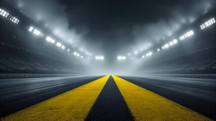 Empty Race Track at Night with Fog and Bright Stadium Lights
