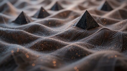 An abstract representation of pyramids amidst flowing waves and shimmering textures, captivating visual depth.