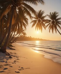 Fototapeta premium Golden hour light on palm-lined beach, vintage film aesthetic, sun rays, beach vibes, photography