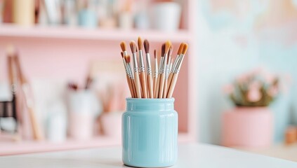 A light-blue ceramic jar holds a cluster of paintbrushes, set against a backdrop of a pastel-colored artist's workspace