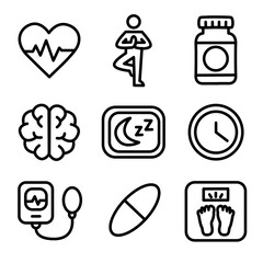 Set of Health and Wellness Line Icons – Fitness, Sleep, Brain, Heart, Pills and More