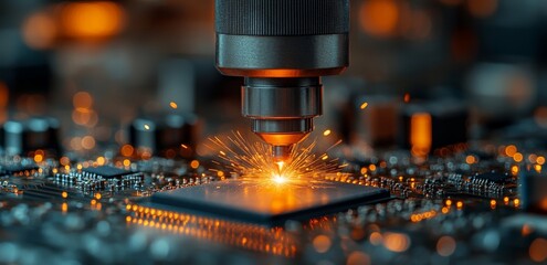 Close Up of a Robotic Arm Soldering a Microchip onto a Circuit Board