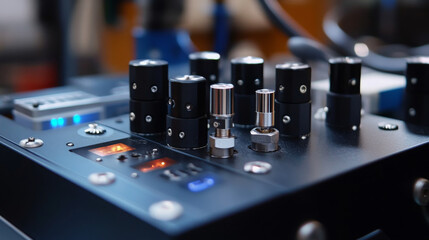 “Close-up photo of a CNC control unit showing the detailed interface of the computer numerical control system. The image highlights buttons, knobs, and digital displays used to program and operate 