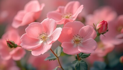Obraz premium Close Up of Dewy Pink Rose Blossoms in Soft Light