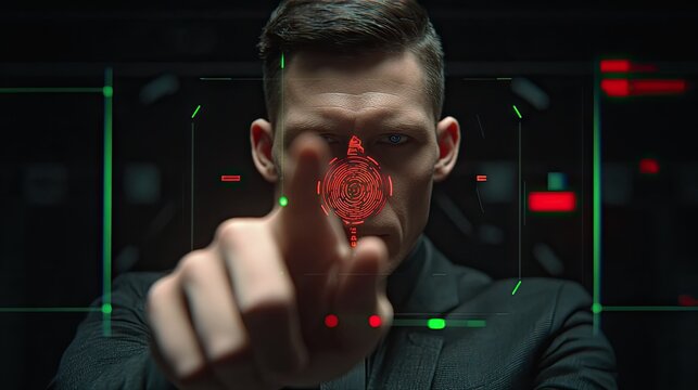 Close-up of a man's face with digital interface overlay.