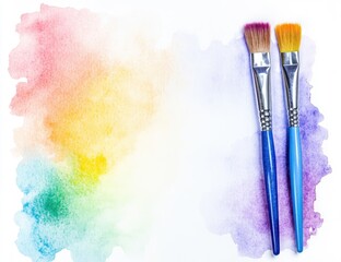 Watercolor paint splatter with two paintbrushes