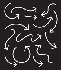 White arrow hand drawn isolated in black background