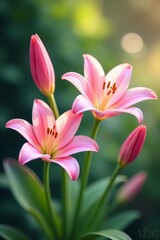 Fototapeta premium Soft pink lily flowers in dreamy garden setting, pastel colors, gentle focus, dreamy, pastel