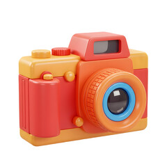 A vibrant orange and yellow cartoon camera.  Fun and playful design. 3D icon, plastic illustration style on transparent or white background