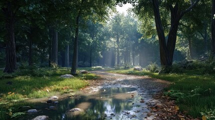 Sunlit forest path, stream, nature background, peaceful scene, ideal for travel/environmental use