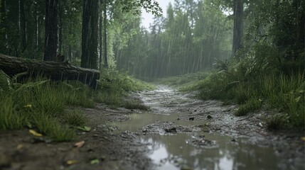 Obraz premium Rainy forest path, muddy trail, lush greenery, misty background, nature scene