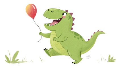 Fototapeta premium Chubby Baby T-Rex in Bright Lime Green Laughing with Raised Foot and Holding Colorful Balloon, Cartoon Illustration on White Background 