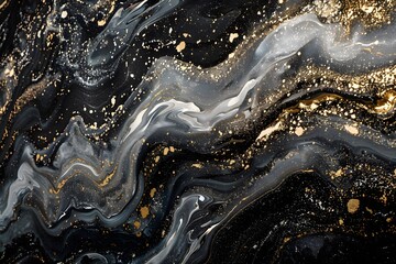 Fluid Acrylic Pouring: Black, Grey, and Gold Swirls Create a Stunning Abstract Art Canvas, Revealing a Mesmerizing Cosmic Galaxy Effect with Exquisite Detail. An Immersive Visual Experience.