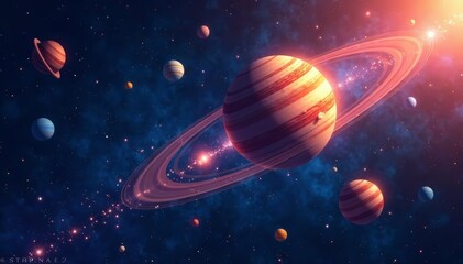 Solar system with colorful planets on starry background, space exploration concept, science, astronomy wallpaper, universe