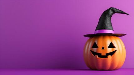 Cheerful Halloween Pumpkin with Witch Hat on Vibrant Purple Background