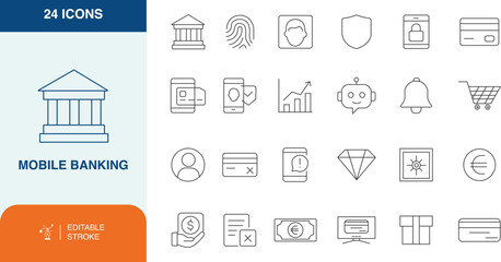 Mobile Banking Line Icons Set, Editable Stroke Financial Technology Icons, Modern Thin Line Icons for Mobile Finance UI/UX, Minimalist Financial Services Icon Pack for Apps and Websites