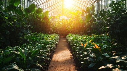 25. Greenhouse interior with plants, lit by abundant sunlight and supplemental warm grow lights