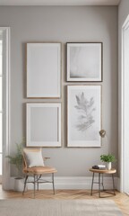 Chic empty frame gallery wall, bright minimalist living space,  room,  template,  light