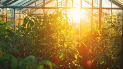 25. Greenhouse interior with plants, lit by abundant sunlight and supplemental warm grow lights