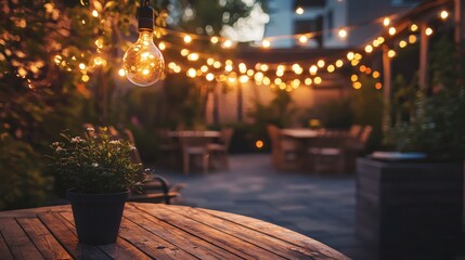 26. Patio at dusk, lit by warm string lights and fading natural light