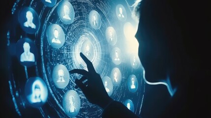 Interactive digital interface displaying interconnected user profiles.