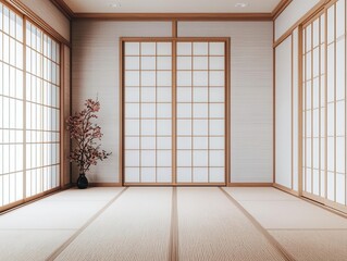 Traditional ryokanstyle interior with tatami flooring, sliding shoji doors, and soft ambient lighting