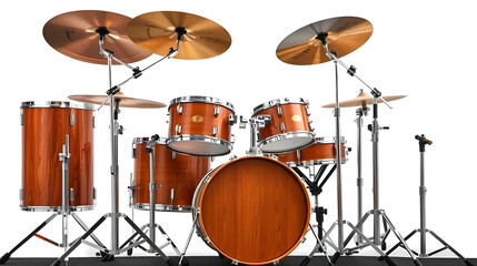 Full drum set with wooden finish and cymbals isolated on transparent background