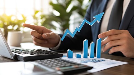 Businessperson interacting with upward trending financial figures.