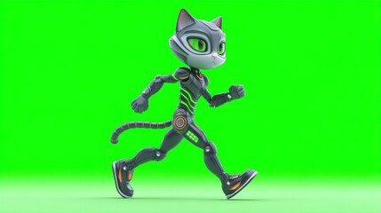 Obraz premium Cartoon Cat in Cyber Armor Running on a Vibrant Green Background