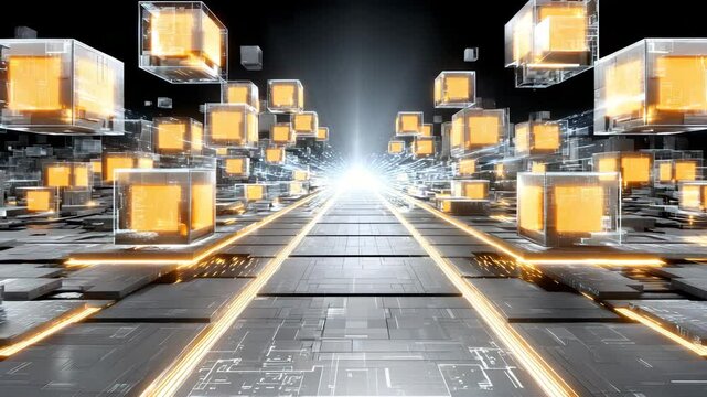 AI dataset visualization Glowing data cubes float in digital grid showing glowing data transmission and glowing data block flow in futuristic AI environment. luminous data architecture 