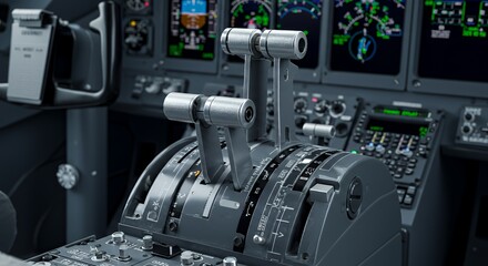 Modern Airplane Cockpit Thrust Levers, Detailed View of Aircraft Control Panel, Aviation Technology, Flight Deck Instruments