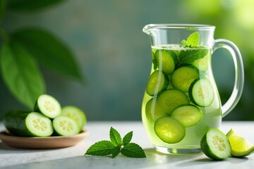 Spa setting with cucumber and mint-infused water pitcher, skincare, mint, aromatherapy