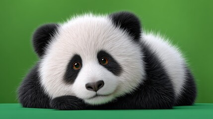 Fototapeta premium Cartoon Panda Lying on a Green Background Looking Bored with Fluffy Textures and Expressive Features